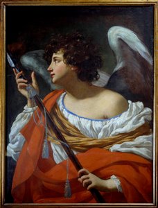 El ángel llevando la lanza que ha perforado el corazón de Cristo y la esponja empapada en vinagre