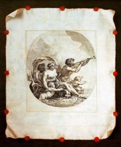 Trompe l’oeil con grabado de Galatea de Simon Vouet