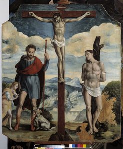Crucifixión con San Roque y San Sebastián (óleo sobre madera) de Simon de Châlons