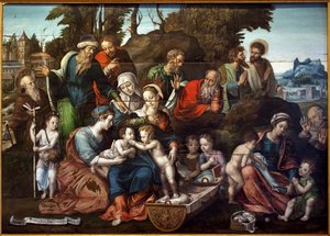 El Santo Padre. (Santa Ana, rodeada de sus tres maridos sucesivos, Salomé (túnica azul, con el índice en punta), Cleofás (con túnica roja, padre de María Cleofás) y Joaquín, padre de la Virgen (túnica roja, cabeza apoyada en el puño). En el cen