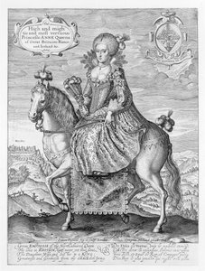 Retrato ecuestre de Ana de Dinamarca (1574-1619) grabado por el artista, publicado por Compton Holland, 1616