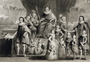 Su Majestad Jacobo I y su Progenie Real junto con la Familia del Rey de Bohemia, grabado por Charles Turner, 1814 de Simon de Passe