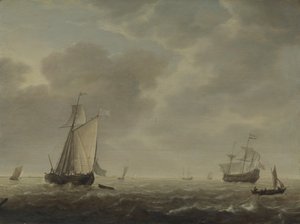 Un navío de guerra holandés y varios barcos en una brisa, c. 1640 de Simon de Vlieger