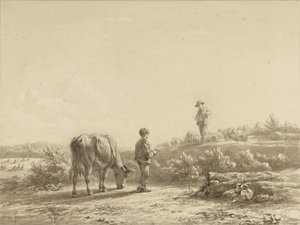Niño con vaca y pastor de Simon van den Berg