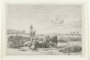 Paisaje con una pastora y un perro con un rebaño de ovejas de Simon van den Berg