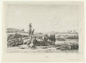 Paisaje con una pastora y un perro con un rebaño de ovejas de Simon van den Berg