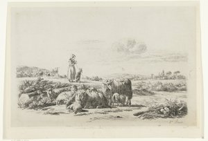 Paisaje con una pastora y un perro con un rebaño de ovejas de Simon van den Berg