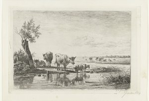 Paisaje de pasto con vacas cerca del agua.