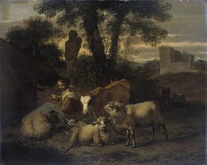 Paisaje italiano con pastora y rebaños