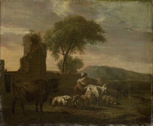 Paisaje italiano con pastora y rebaños de Simon van der Does