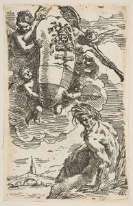 Alegoría del río Foglia con el escudo de armas de la ciudad de Pesaro, frontispicio para..., ca. 1639 de Simone Cantarini