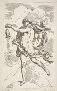 Fortuna de pie sobre un globo vaciando una bolsa de monedas, ca. 1635-1636 de Simone Cantarini