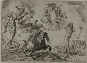 Júpiter, Neptuno y Plutón Ofreciendo sus Coronas a los Brazos del Cardenal Borghese de Simone Cantarini