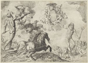 Júpiter, Neptuno y Plutón ofrecen sus coronas a los brazos del cardenal Scipione Borghese Tesis Júpiter, Neptuno y Plutón coronas suas offerunt armis (título sobre objeto)