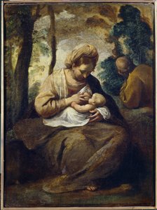 Descanso en la Huida a Egipto. pintura de Simone Cantarini (1612-1648), óleo sobre lienzo. Arte italiano (Bolonia) de Simone Cantarini