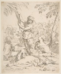 Reposo en Egipto, María amamantando al niño Cristo mientras un ángel tira de las ramas de un árbol de Simone Cantarini