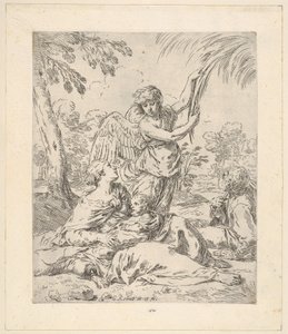 Reposo en Egipto, María amamantando al niño Jesús mientras un ángel tira de una rama de árbol