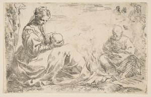 Descanso en la huida a Egipto, María sosteniendo y mirando al niño Cristo mientras San..., ca. 1637 de Simone Cantarini