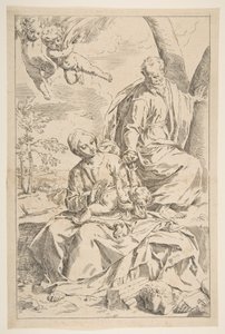 Descanso en la huida a Egipto, María sosteniendo al niño Cristo mientras San José le da de comer, ca. 1639