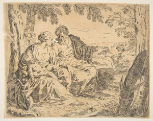 Descanso en la huida a Egipto, María sosteniendo al niño Jesús mientras San... de Simone Cantarini
