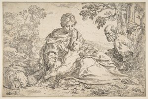 Descanso en la huida a Egipto, María sosteniendo al niño Cristo con San José a la derecha, ca. 1640 de Simone Cantarini