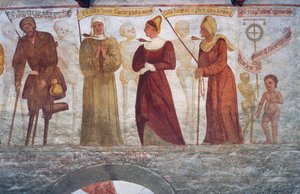 La muerte con el hombre cojo, la monja, la joven, la anciana y el niño, detalle de La Danza de la Muerte de Simone II Baschenis