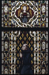 Cardenal Gentil de Montefiore arrodillado - Vidriera de Simone Martini