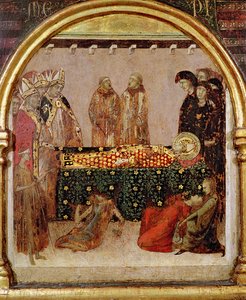 Curando a los enfermos el día de la muerte de San Luis de Tolosa (1274-97) panel de predela del Altar de San Luis de Tolosa, 1317 de Simone Martini