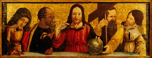 Última Cena, detalle de la predela de un políptico de Simone da Firenze, pintura sobre madera, Iglesia de los Santos Pedro y Pablo, San Chirico Raparo, Potenza, Italia. de Simone da Firenze