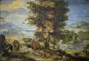 Paisaje con pastor y animales (óleo sobre cobre) de Sinibaldo Scorza