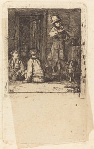 Interior con tres niños y un perro