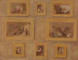 El hijo único; El arpa del judío; El dedo cortado; El búfalo del ciego; El día del alquiler; El gaitero escocés; El Prieu-Dieu; y Autorretrato: Boceto de los ocho cuadros enmarcados y colgados en la pared.