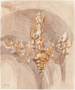 Candelabro con la Virgen María sosteniendo al Niño Jesús