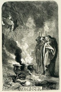 Macbeth visitando a las tres brujas en el páramo desolado