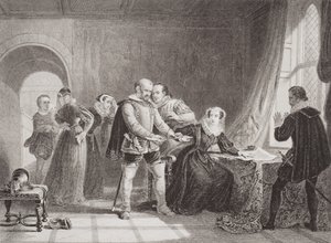 María Reina de Escocia (1542-87) obligada a firmar su abdicación en el Castillo de Lochleven en 1567, de 