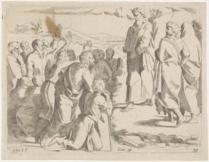 Moisés muestra las tablas de la ley al pueblo Escenas bíblicas (título de serie) Historia del Testamento Vecchio / Dipinta in Roma nel Vaticano da Raffaelle di Urbino (...) (título de serie) de Sisto Badalocchio