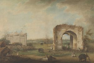 Vista de una mezquita y puerta en Motijhil, ca. 1814-23