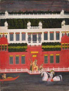 Krishna recibe una guirnalda de flores, c. 1750-1760