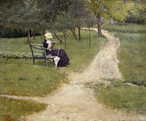 Mujer leyendo en un banco (óleo sobre lienzo)