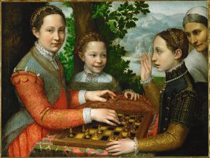Una partida de ajedrez en la que participan las tres hermanas del pintor y un criado. de Sofonisba Anguissola