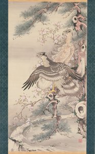 Pareja de halcones con rama y flores (tinta, color y oro sobre seda) de Soga Shohaku