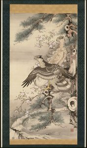 Par de halcones con rama y flores de Soga Shohaku