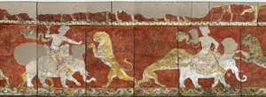 Sogdia - Arte Sogdiano: Pintura mural del Salón Rojo del Palacio en Varakhsha. Fragmento de Sogdian Sogdian