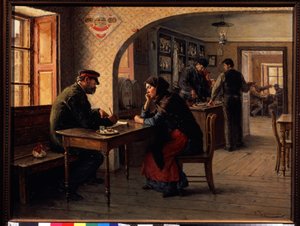 Una petición. En un café, una mujer habla con un soldado del Ejército Rojo que le rellena un formulario. Detrás de ellos, el bullicio ordinario de una cafetería. Pintura de Solomon Yakovlevich Kishinevsky (Kishinevsky) (1863-1941), óleo de Solomon Yakovlevich Kishinevsky