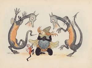 Ilustración para Little Twin Dragons de S Rosamond Praeger (litografía en color)
