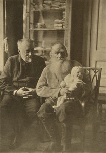 El autor ruso León Tolstói con su yerno y nieta, Rusia, c1905-c1906 de Sophia Andreevna Tolstaya