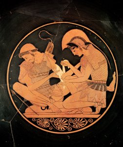 Interior de una kylix de figura roja ática que representa a Aquiles atendiendo a Patrocles herido, de Vulci, c.500 a.C. (cerámica)