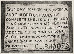 Cartel erigido por el Sr. Rhodes, fotografía atribuida a F.H. Hancox, Kimberley de South African Photographer
