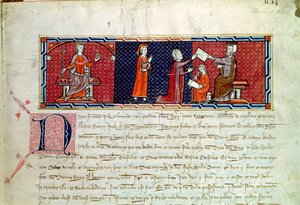 Una mujer prestando juramento ante el rey Jaime I (1207-76) de Mallorca, del Capbreu de Clayra et de Millas, 1292 de Spanish School