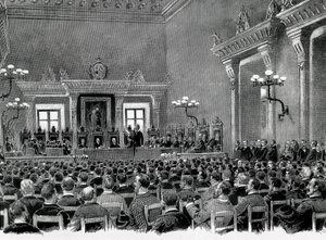 Una reunión de nacionalistas catalanes reunidos en el Ayuntamiento de Manresa, para la redacción de las 16 bases para servir la constitución regional catalana en 1892. Dibujo de Jaume Pahissa. de Spanish School
